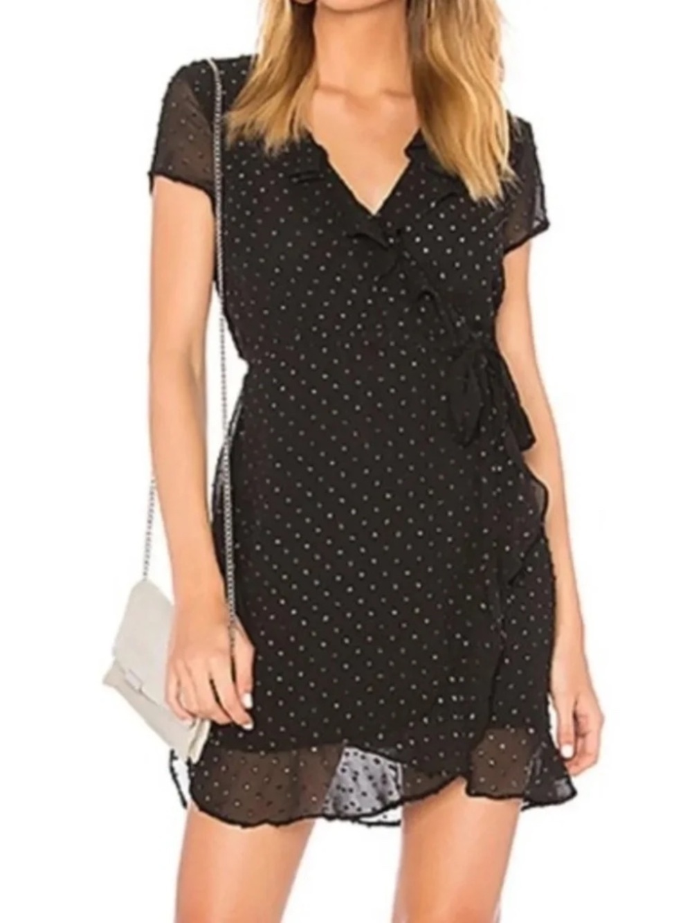 Bardot Foil Spotty Polka Dot Ruffle Surplice Wrap Dress Black Size 6